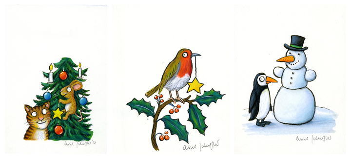 Three paintings; a cat and mouse, a robin on holy and a snowman with a penguin,