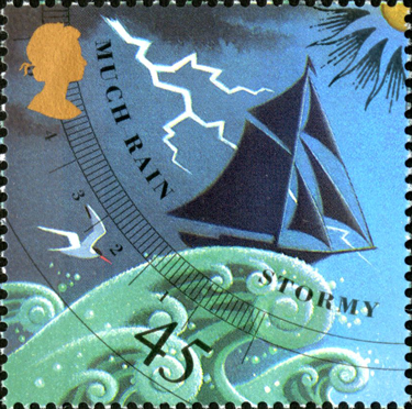Stamp depicting a storm with big waves and lightening.