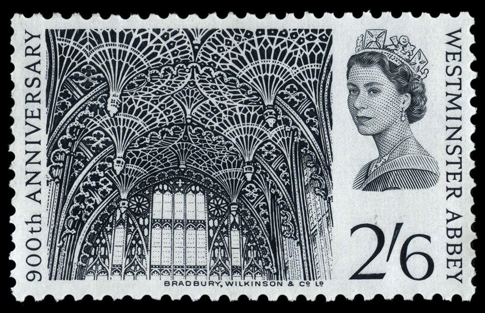 Stamp depicting the fan vaulted ceiling in Westminster Abbey.