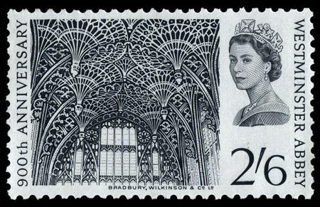 Stamp depicting the interior fan vaulting of Westminster Abbey.