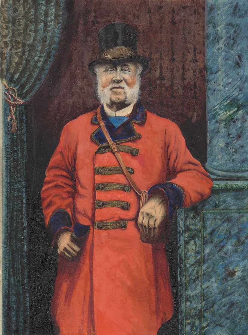 Moses James Nobbs, last of the Mail Coach Guards. Watercolour Painting by H E Brown. c 1890