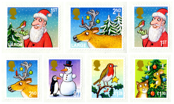 Seven stamps by Axel Scheffler featuring Father Christmas, reindeer and snowmen.