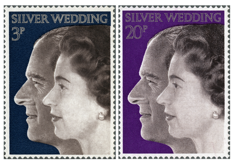 Two stamps depicting Queen Elizabeth II and Prince Philip for their silver wedding anniversary.