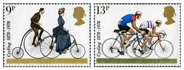 Two stamps depicting cycling through the ages from the penny-farthing to modern day.