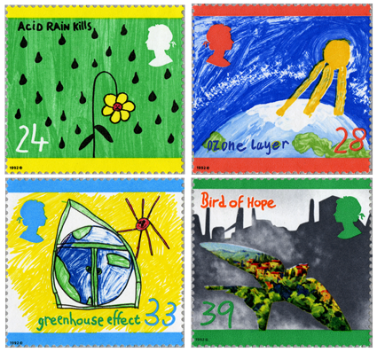 4 stamps designed by children to document environmental problems.