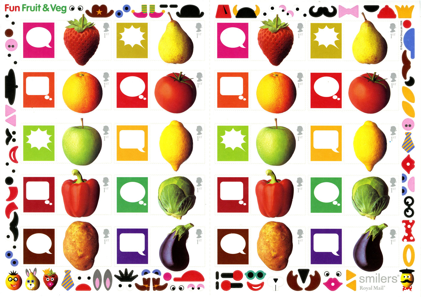 A smiler sheet of stamps containing fruit and veg stamps along with labels and funny stickers.