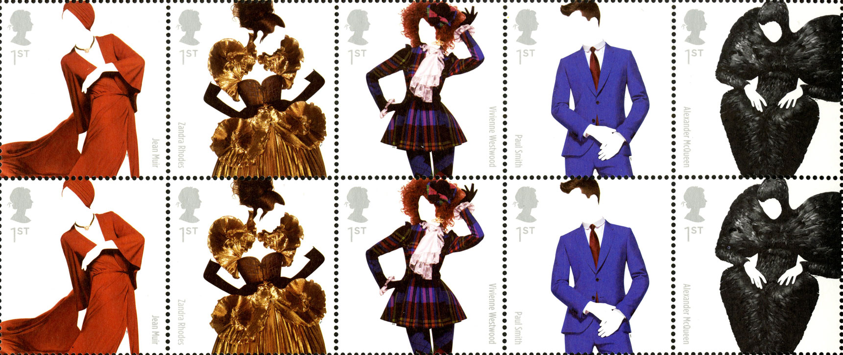Partial sheet of stamps from the Great British Fashion issue with 5 different designs.