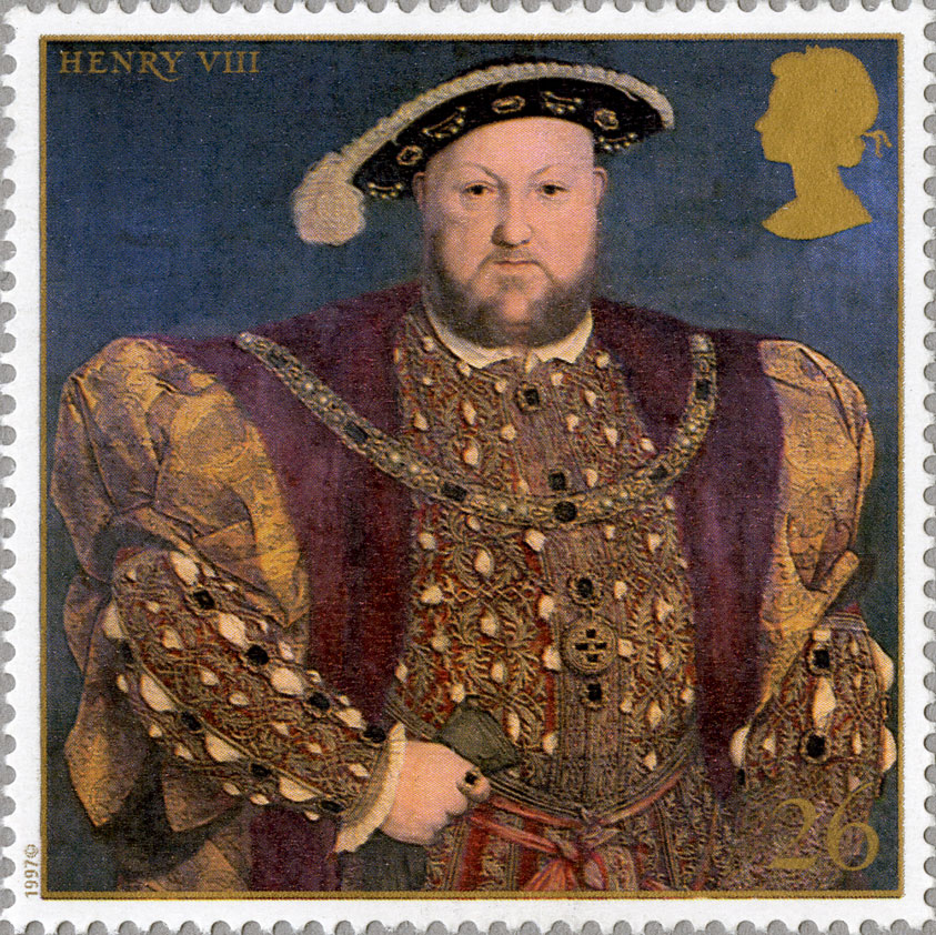 Stamp depicting a painted portrait of King Henry VIII.