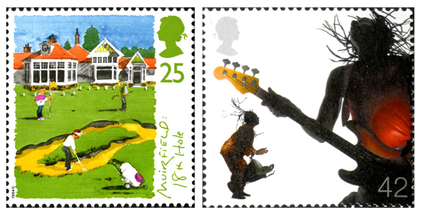 Two stamps, one depicting a Scottish golf course with players and the other a man playing a guitar and another playing a drum.