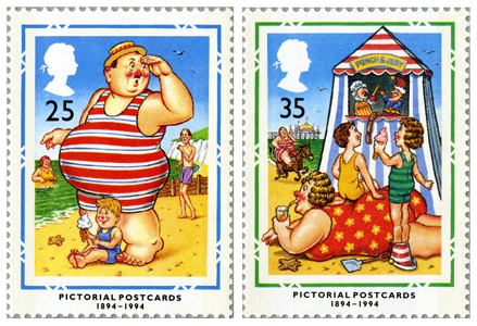 2 stamps depicting postcards with families at the seaside.