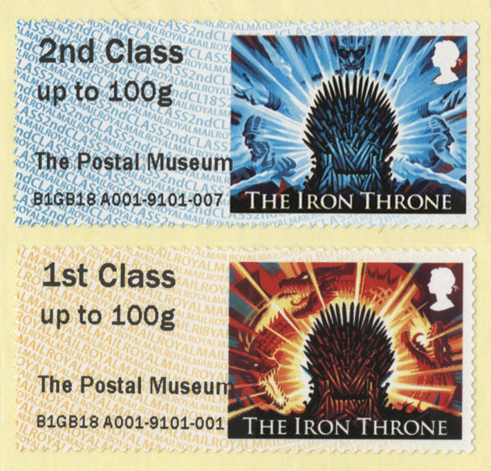 Blue and red second and first class stamps, showing the Iron Throne from Game of Thrones.