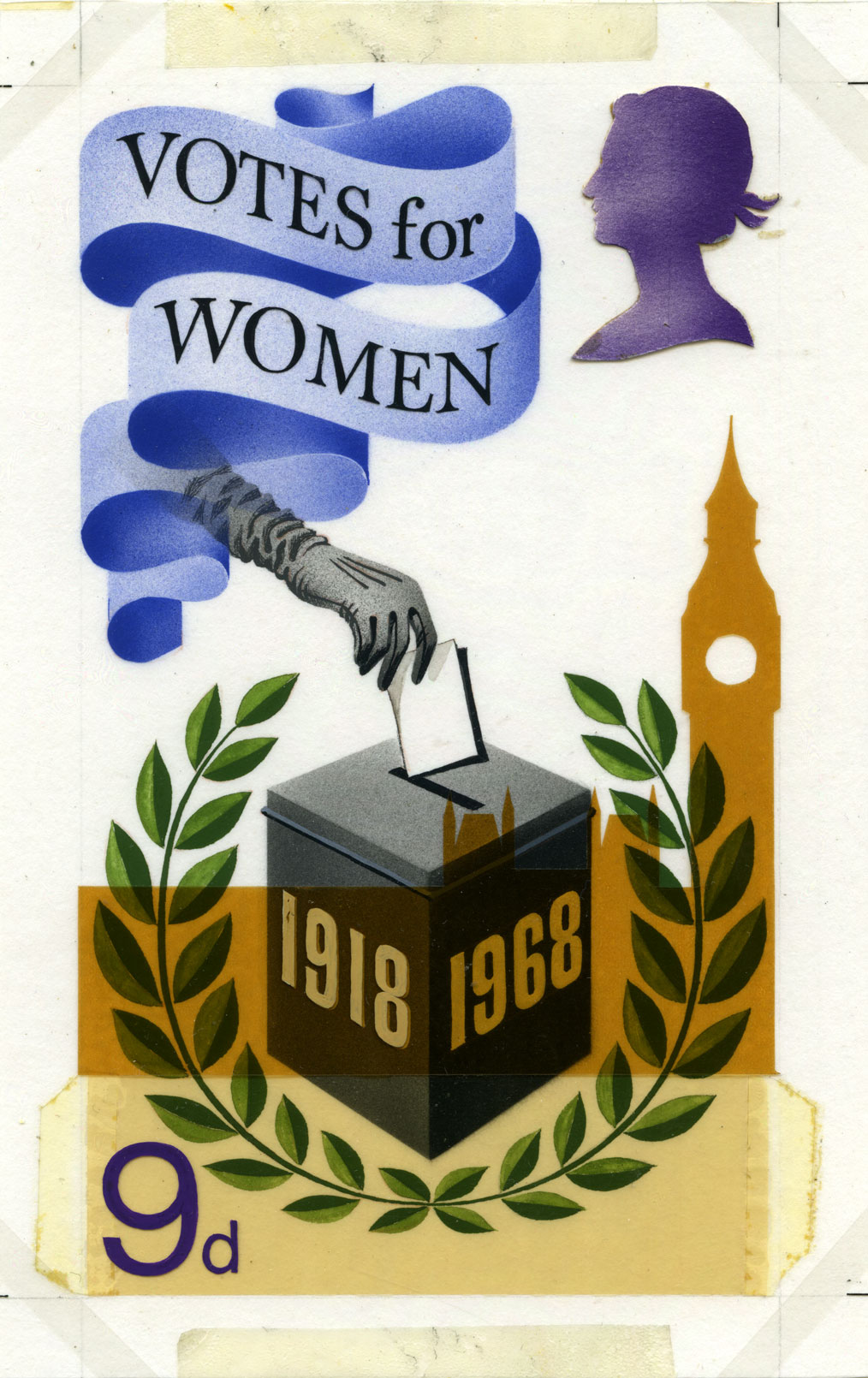 A stamp design by Jeffery Matthews with a female hand putting a ballot into a box.