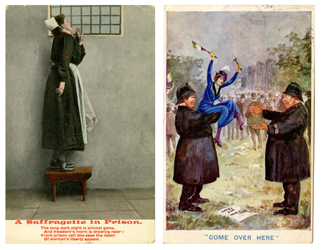 Two postcards; one depicting a Suffragette in prison and the other a Suffragette being held by a policeman.