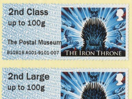 Game of Thrones blue second class stamps showing the Iron Throne