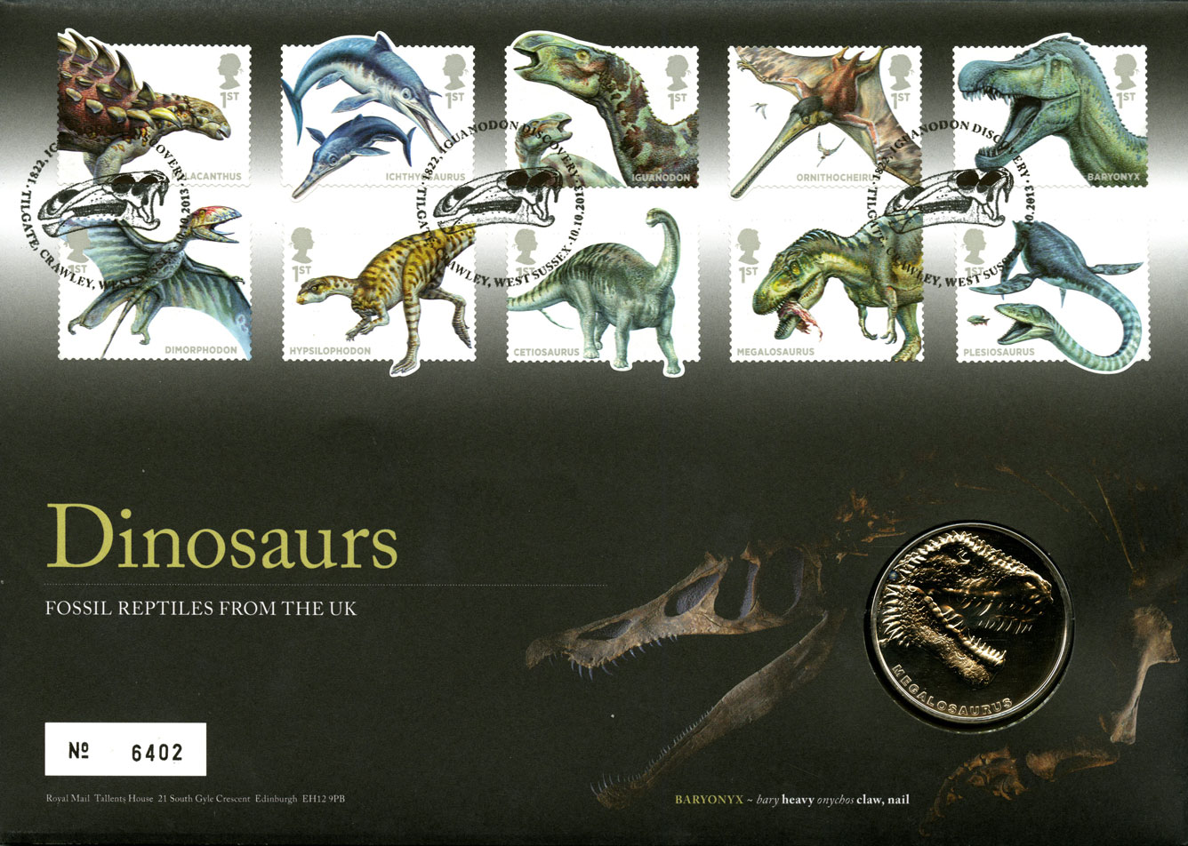 Coin Cover with the issued dinosaur stamps from 2013 along with a coin bearing a dinosaurs head.