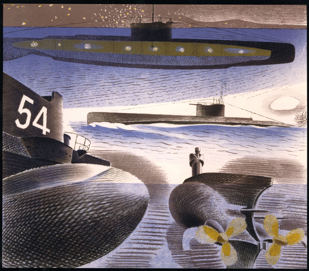 Photograph of artwork by Eric Ravilious of submarines above and below the water.