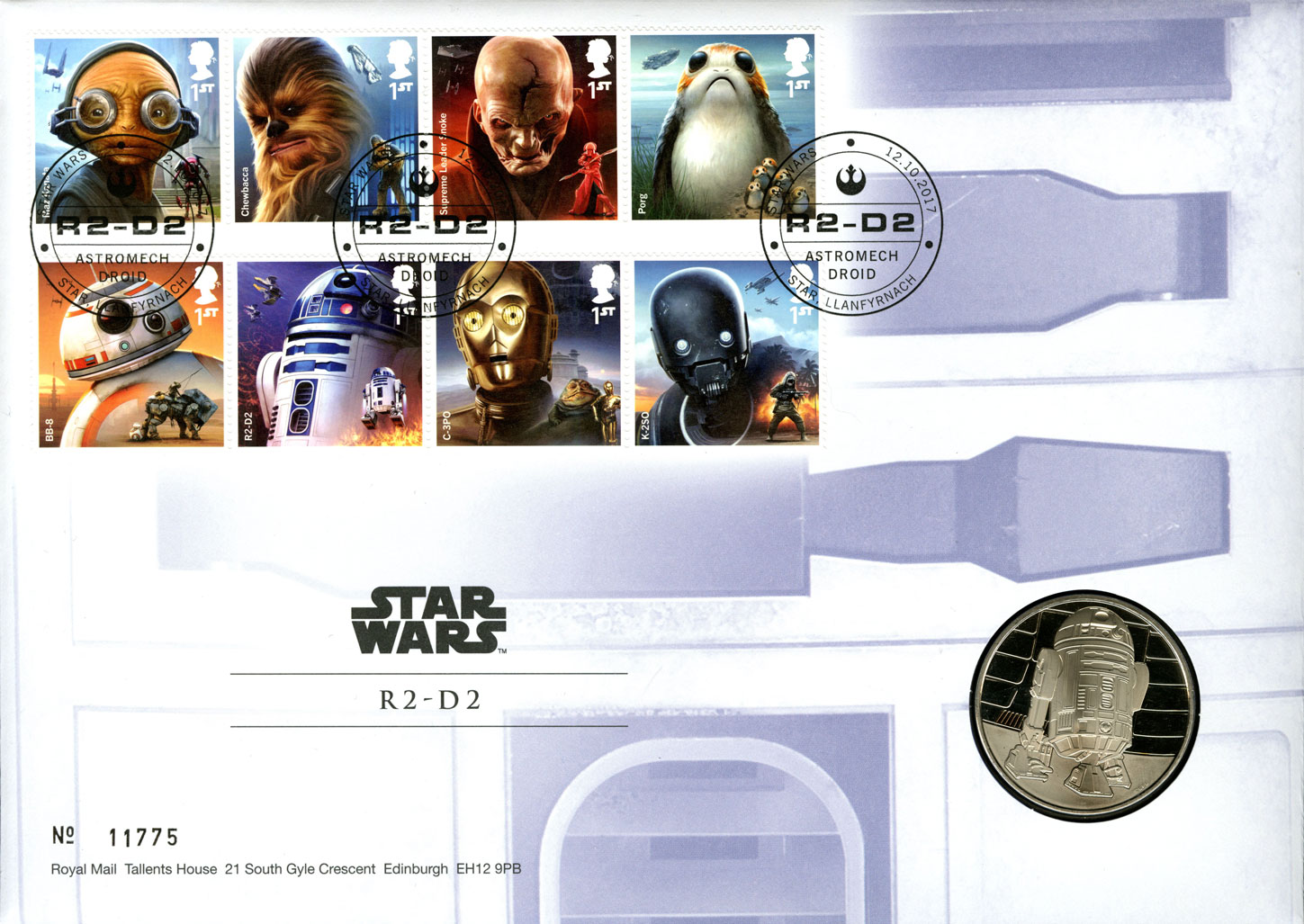 Star Wars 2017 coin cover with the issued stamps and the R2D2 medal.