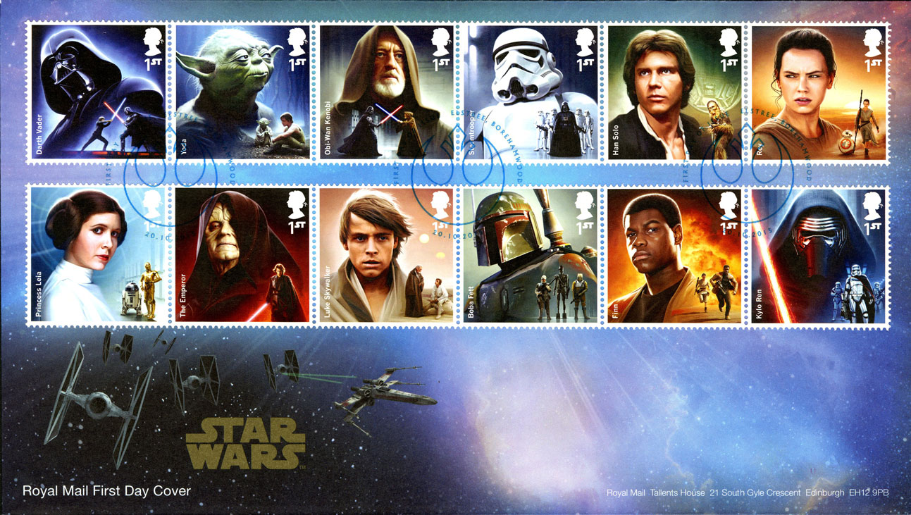 A first day cover of the 2015 Star Wars issue, which consists of an envelope with the issued stamps.