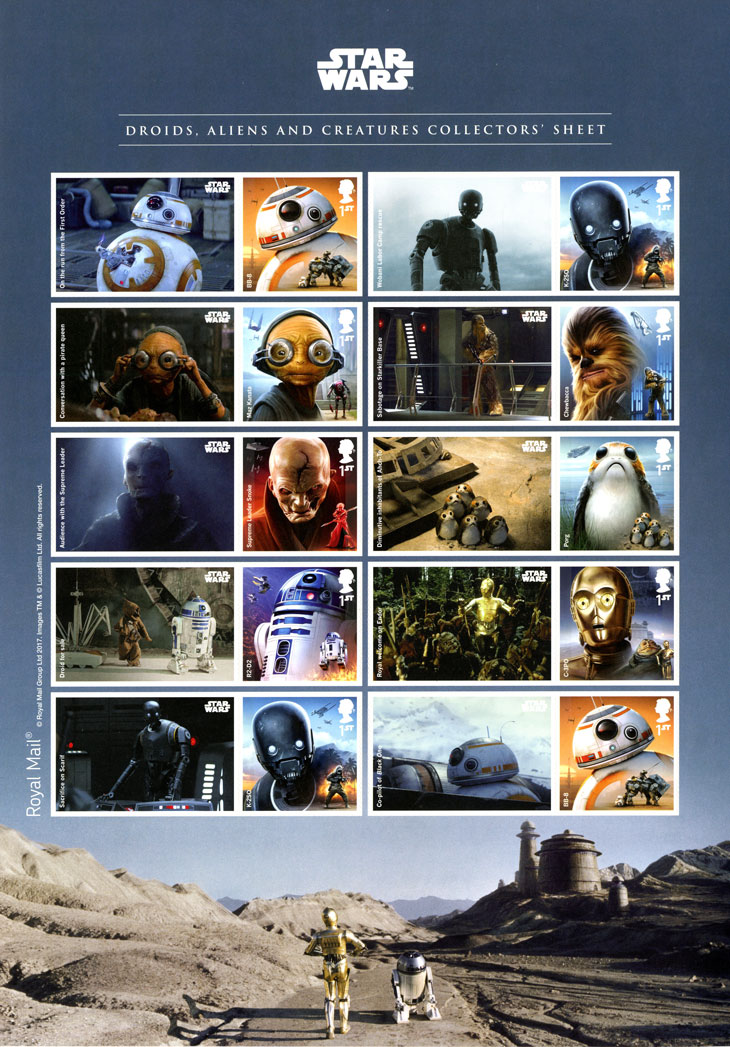 Image of a sheet of generic stamps which include Star Wars stamps and labels.