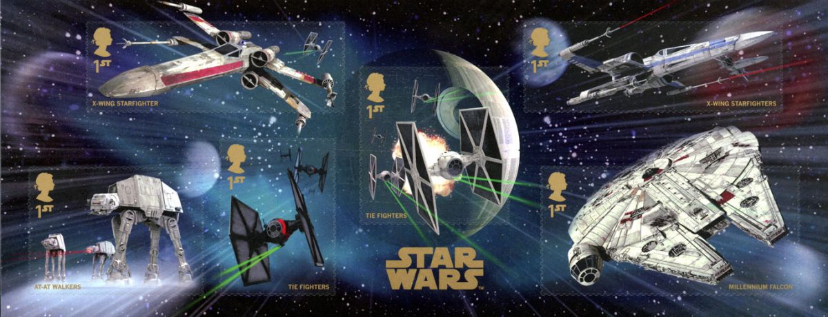 Miniature sheet of stamps depicting Star Wars space crafts.