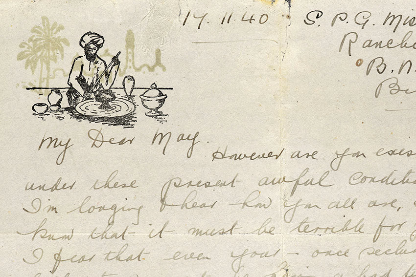 Detail from a handwritten letter. Showing an illustration of a man wearing a turban on the upper left corner of the letter.