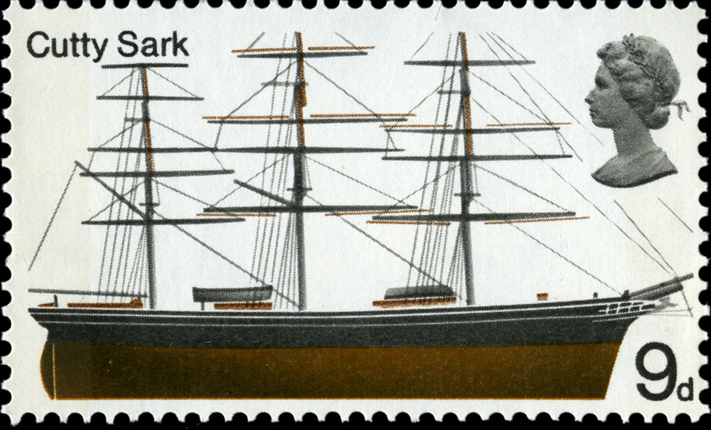 Stamp depicting a drawing of the Cutty Sark without sails.