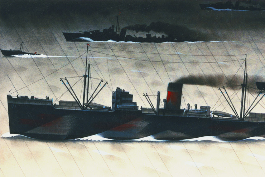 An illustration of a ship from World War 2. From a 1943 Poster advertising the Post Office Savings Bank.