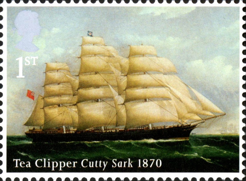 Stamp depicting a painting of the Cutty Sark at sea.