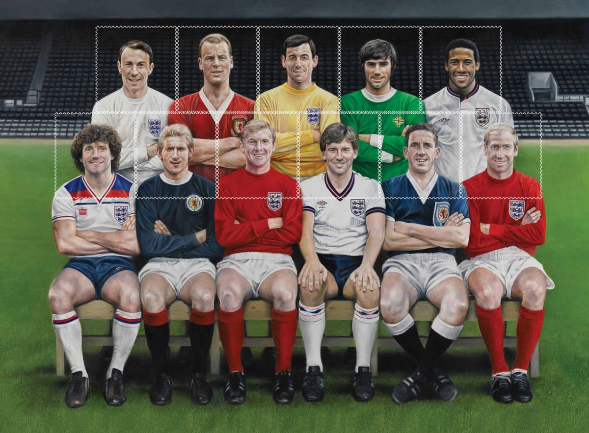 Painting of British football players through the years sat together to form a team.