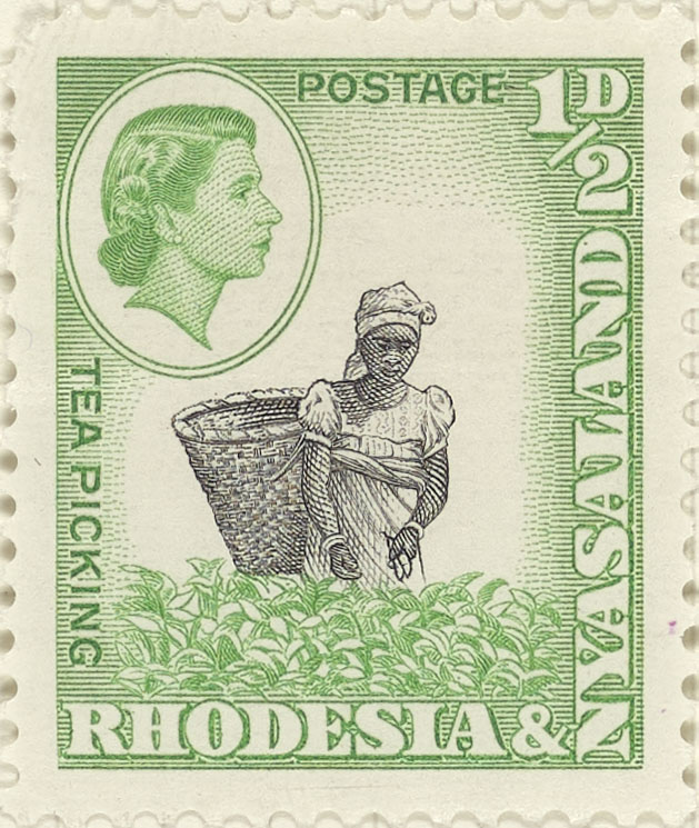 Stamp depicting a female tea picker with basket.