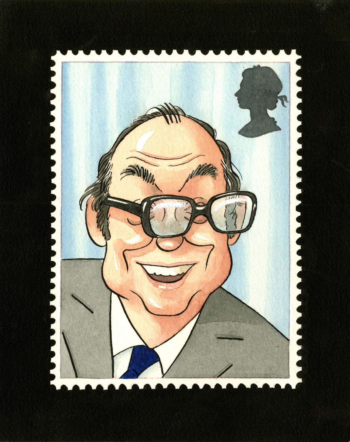 Painting by Roger Brookes of Eric Morecombe with his glasses skewed.