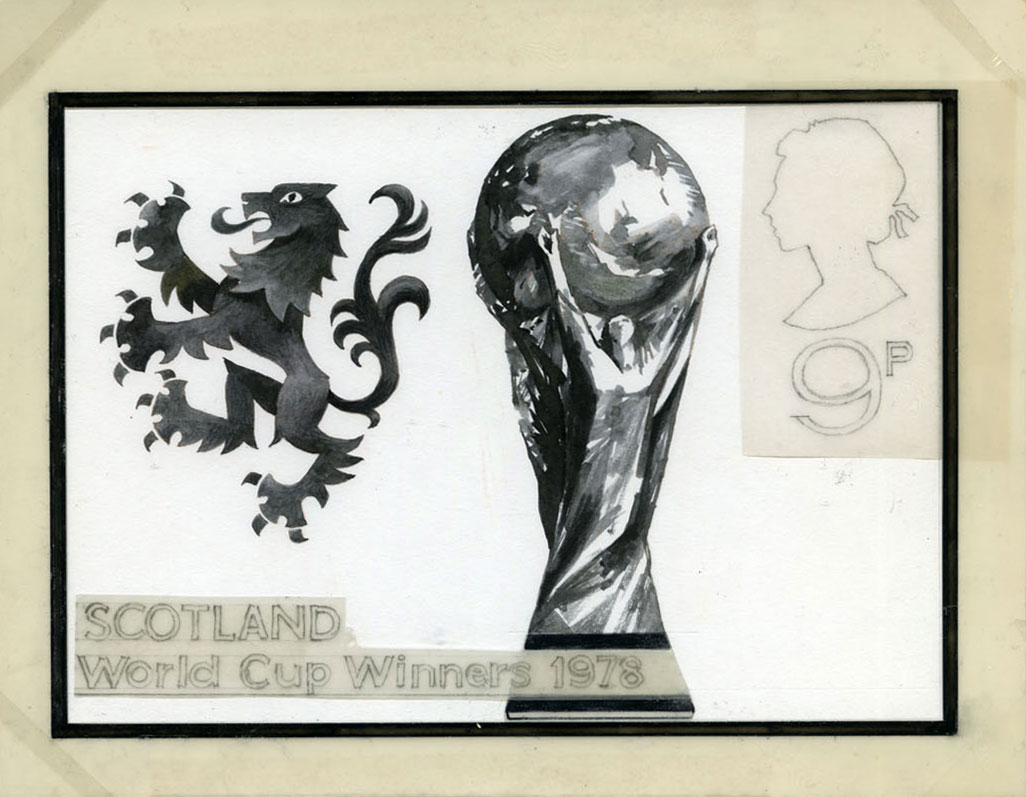 Proposed design for stamp of the World Cup next a rampant lion.