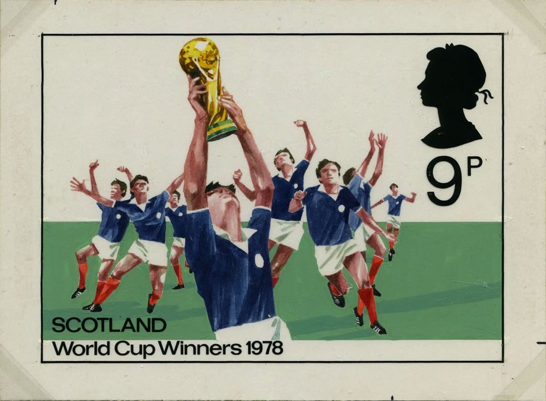 Proposed design for stamp of Scottish football players raising the World Cup.