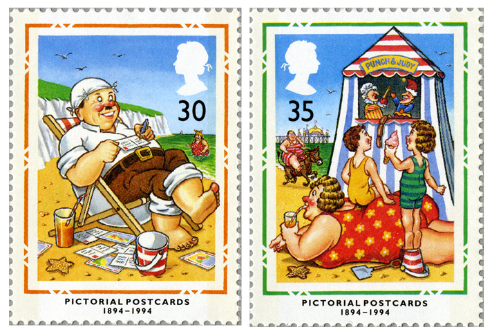 Two stamps depicting a man in a deck chair and children watching a Punch & Judy show.