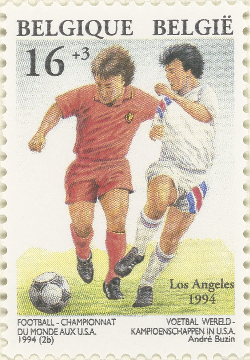 Stamp depicting two football players to commemorate the Los Angeles Football World Cup.