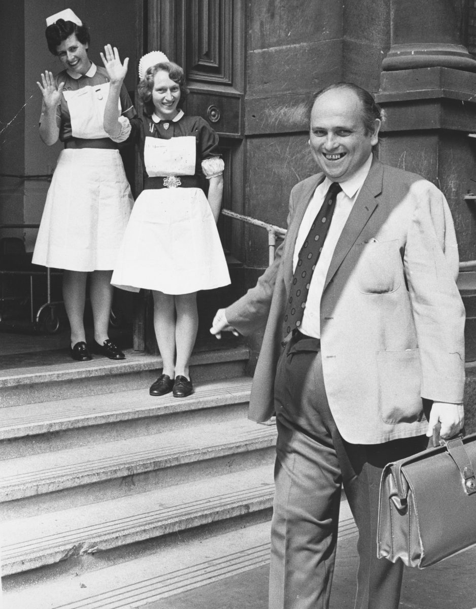 Image of nurses waving goodbye to a Postal Officer, Sheffield Royal Hospital. Used in ‘The Courier’ December 1973 