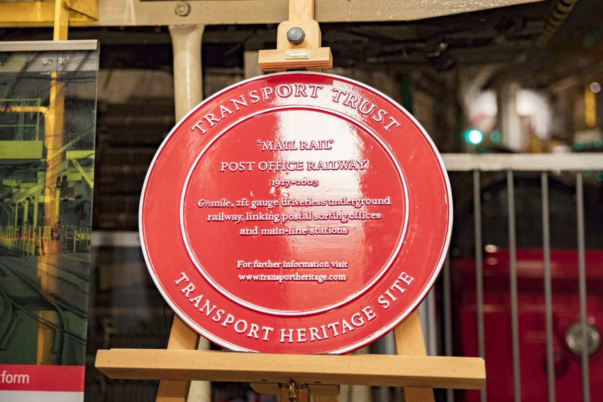 Red Wheel heritage plaque at Mail Rail