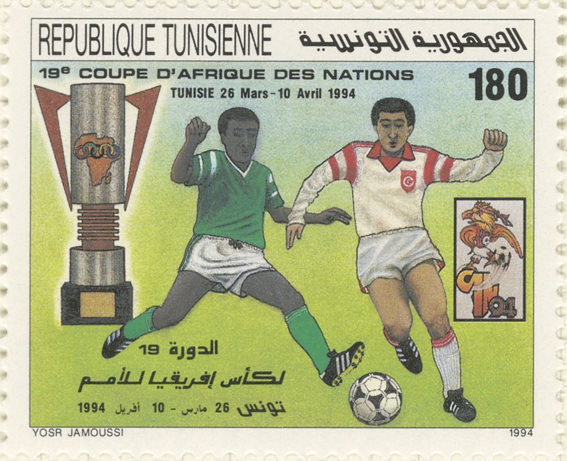 Stamp depicting two football players and the African Nations Cup.
