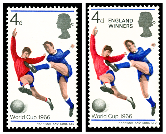 Two stamps showing the change in the 4d World Cup stamp after England won.