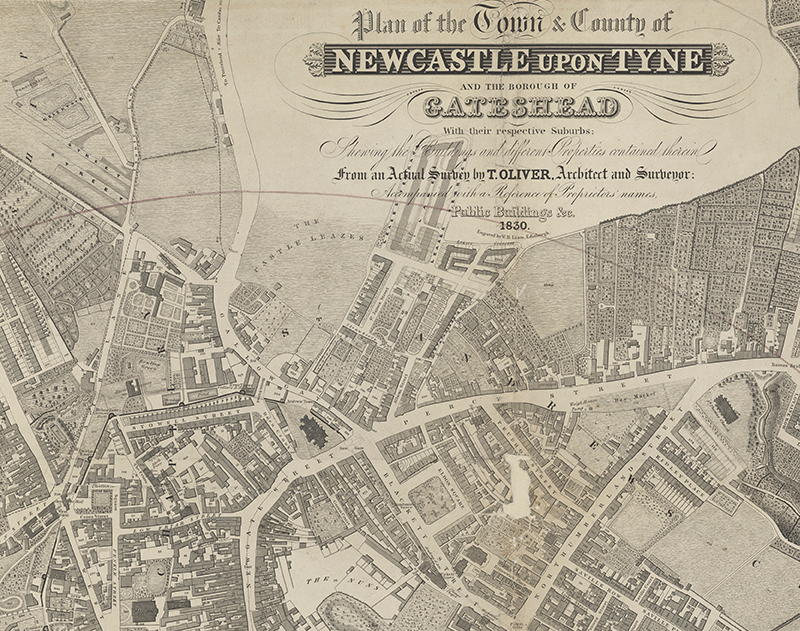 A close-up of a map of Newcastle Upon Tyne, from 1837