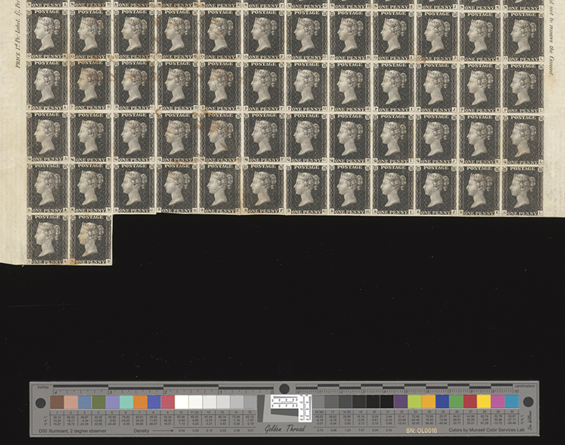 A sheet of Penny Black stamps being digitised