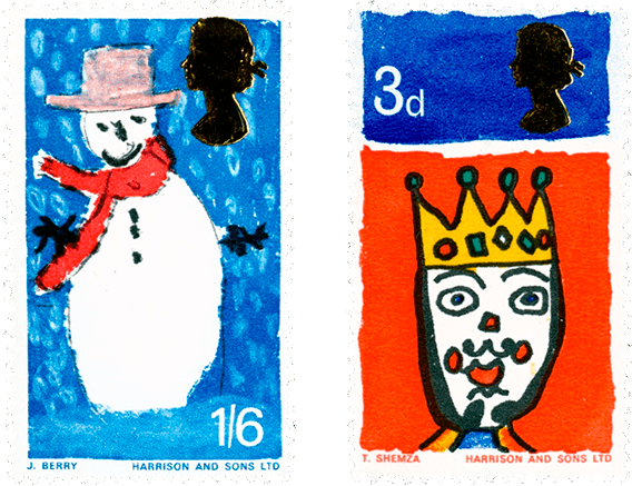 These stamps are clearly drawn by children. One, of a snowman with a red scarf, pink had a black gloves, has a blue and white snowy backdrop. The other stamp has a felt-tip drawing of a King, wearing a crown adorned with green and red jewels. The background is red and blue. 