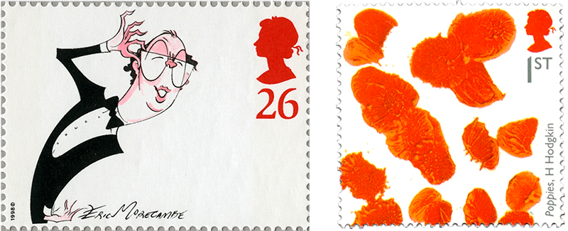 The Morcambe stamp is white, with a cartoon waiter leaning in from the left hand side, dressed in a waistcoat and dickie bow, adjusting his glasses. The second stamp had red paint splodges all over, it looks like have been done using fingers or toes. They are meant to look like poppies.