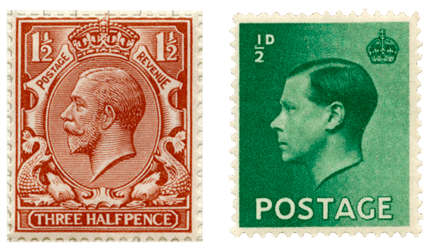 On the left is a red 1 and a half pence stamp with a drawing of the bearded king in the4 middle. The pattern around his head is very ornate. In contrast the stamp on the right has no pattern at all. It is Green with the King's head in the middle.