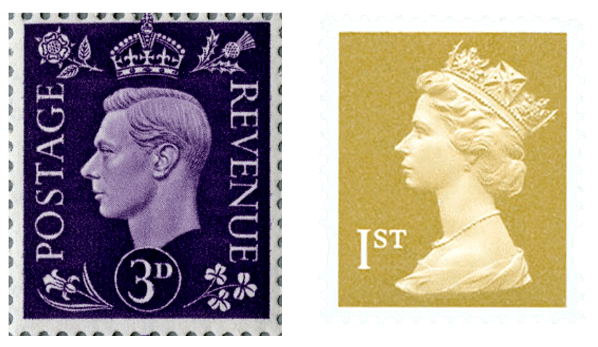 King George looks young in his image on the stamp. The stamp is a dark purple with a drawing of a crown at the top and various flowers in the corners. Elizabeth's 1st class stamp has no pattern, it is simply gold, her bust is cream.