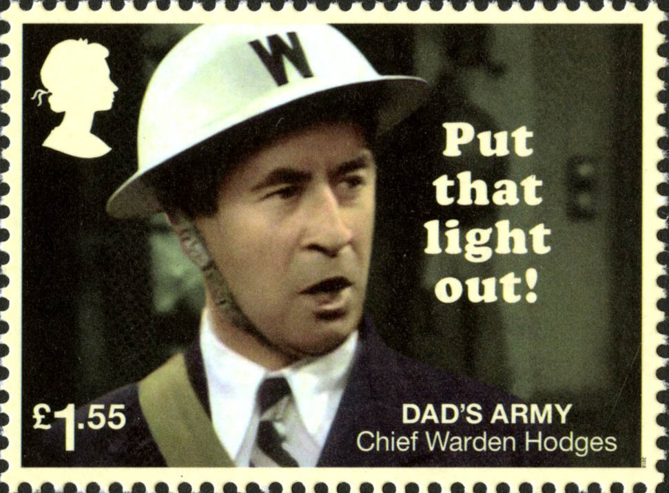 Stamp depicting Chief Warden Hodges with the caption 'Put that light out!'.