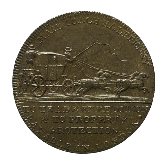 Brass coin that commemorates the work of John Palmer. This side features a mail coach and horses.