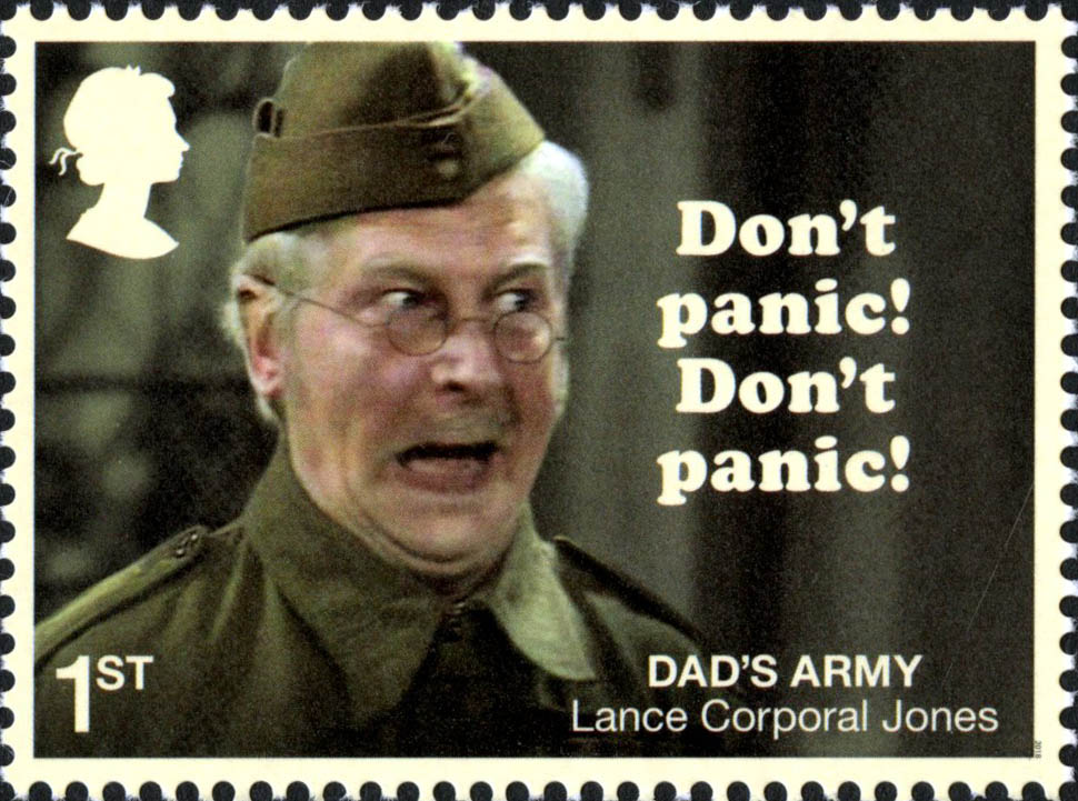 Stamp depicting Lance Corporal Jones with the caption 'Don't panic ! Don't panic!'.