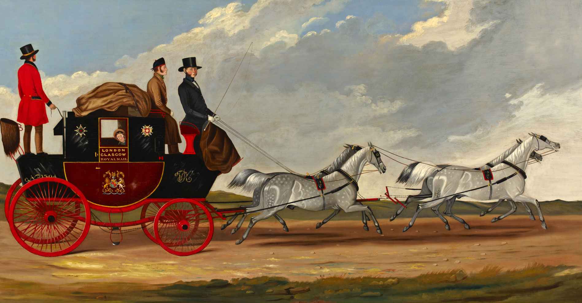 Painting depicting a mail coach carrying passengers led by four horses.