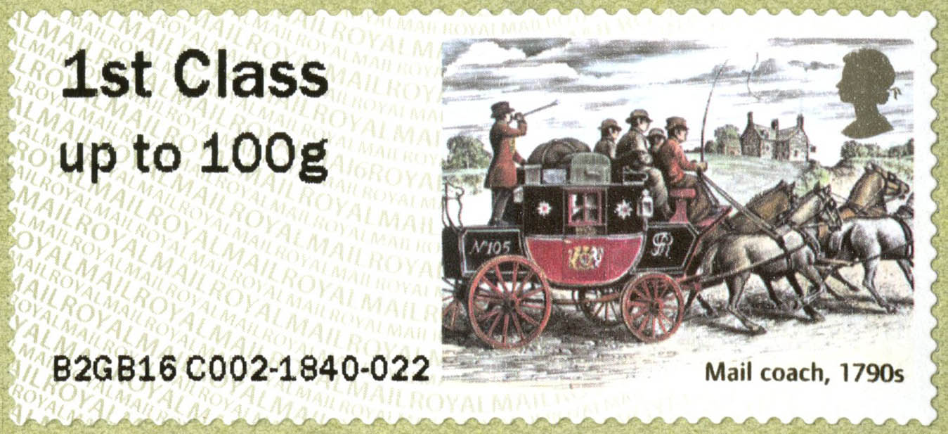 Stamp depicting a mail coach with four horses and a guard blowing a horn.